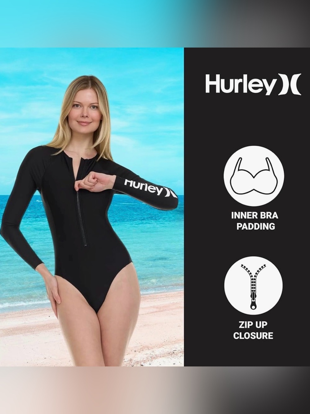 HURLEY Swimsuit Rash Guard Long-Sleeve Front-Zip One-Piece UPF50+ Sun Protection - Picture 2 of 8
